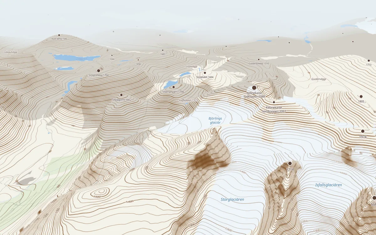 Kebnekaise and its glaciers in 3D on the topo map