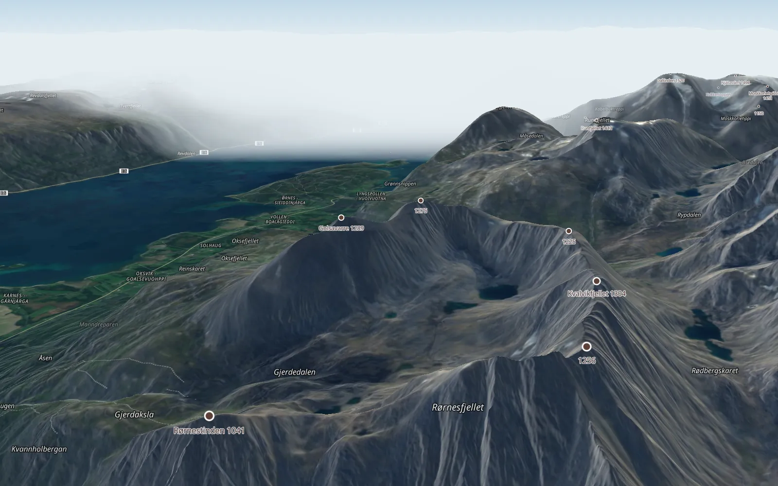 The Lyngen Alps in 3D on the satellite map